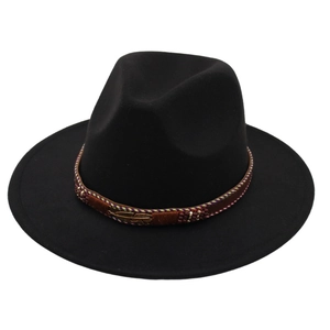 Ethnic fedora hat in black felt with embroidered band and golden feather metal accent