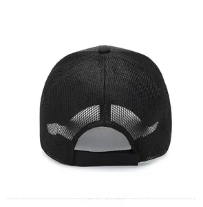 Close-up of black breathable mesh baseball cap with adjustable velcro strap closure