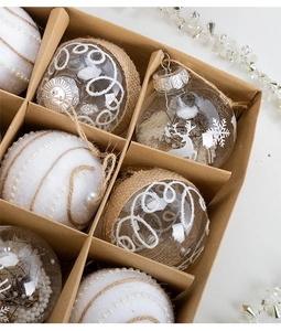 Close-up of rustic Christmas balls with burlap details and pearl accents in a gift box