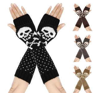 Skull Pattern Knit Arm Warmers Fingerless Gloves Women Men Gothic Streetwear Acrylic Jacquard Winter Warm Long Sleeves