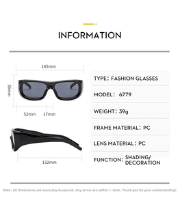 Detailed size specifications of black square sunglasses with precise frame measurements