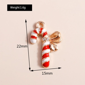 Detailed size view of red candy cane charm with gold bow and weight measurements