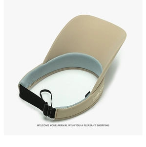 Detail of khaki sun visor featuring breathable blue mesh lining and adjustable strap buckle