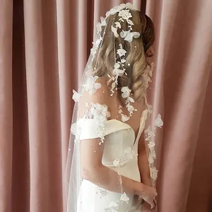 Elegant 3m long white bridal veil with 3D floral embroidery and delicate pearls