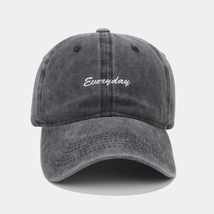 Detail of gray washed cotton baseball cap with white Everyday letter embroidery