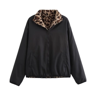 Reversible Bomber Jacket Women Leopard Print Faux Fur Plush Lining Zipper Up Stand Collar Streetwear Autumn Winter