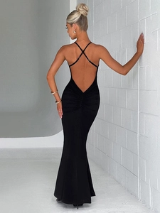Slim fit backless black maxi dress with ruffle detail and crisscross straps
