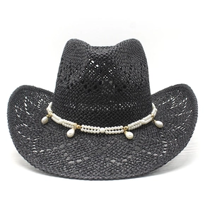 Hohl Aus Stroh Cowboy Hut Mit Künstliche Perlenbesatz Elegant Atmungsaktiv Sonnenschutz Western Stil Strand Sonnenhut