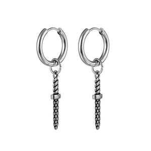Gothic style titanium steel silver dagger drop earrings for men and women on white background