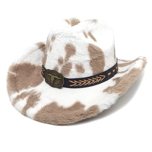 Cappello Da Cowboy Ecopelliccia Stampa Mucca Fibbia Metallo Testa Di Toro Cinturino Pelle Moda Retrò Unisex