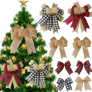 Detail view showing red buffalo plaid and burlap Christmas tree bows for holiday wreaths