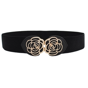 Elastic black waist belt featuring a gold double rose flower metal buckle for dresses