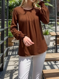 Damen Plus Size Langarm Falten T-Shirt Rundhals Puffärmel Elastische Bündchen Einfarbig Elegante Lässige Weiche Oberteile