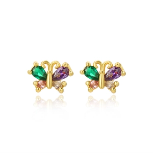 Detailed close-up of gold-plated butterfly stud earrings with colorful zircon stones