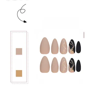 Detailed set of 10 almond-shaped press-on nails in pink, black, and gold marble textures