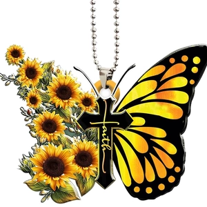 Sunflower and butterfly wing acrylic cross pendant with faith script and bead chain