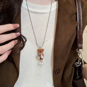Flocked Bear Pendant Necklace Stainless Steel Long Bead Chain Star Rhinestone Faux Artificial Pearl Winter Sweater Jewelry For Women