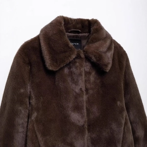 Fashionable dark brown faux fur jacket with wide lapels and thick smooth texture for women