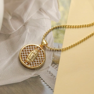 18K gold plated Mary pendant necklace with zircon halo and elegant bead chain