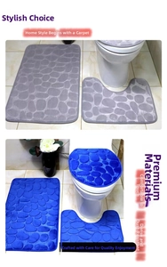 Three-piece bathroom rug set with pebble texture in grey and royal blue coral velvet
