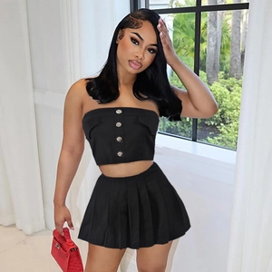 Sexy Women Tube Top And High Waist Pleated Mini Skirt Cotton Outfit Solid Color Button Decor Streetwear Clothing