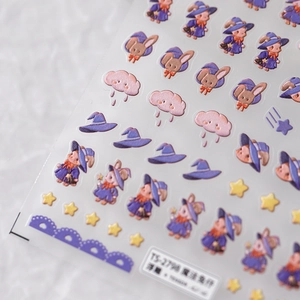 3D embossed magic rabbit nail art stickers with purple wizard hats and stars