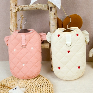 Quilted pet warm vest with heart embroidery and D-ring buckle in pink and cream