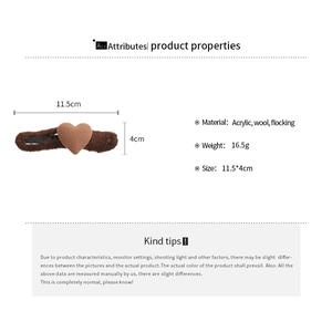 Detailed view of brown plush heart hair clip showing 11.5cm length and acrylic materials