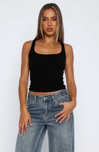 Detailed close-up of a black ribbed knit tank top with square neck on a female model