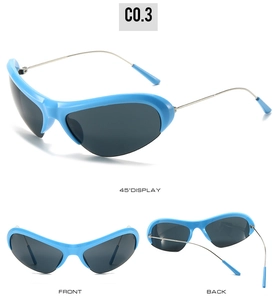 Detail view of sky blue wrap-around sports sunglasses with slim metal arms