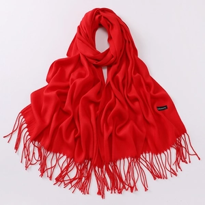 Classic red solid cashmere scarf with elegant tassel ends for women winter warmth