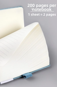 Detail of blue leather notebook featuring 200 pages of thick lined paper for student use