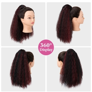 360-degree view of long kinky curly drawstring ponytail extension in black and red ombré