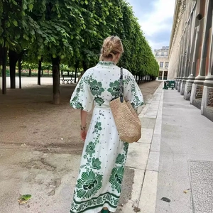 Floral Print Maxi Dress V Neck Single Breasted Long Lantern Sleeve French Retro Vacation Bohemian Belted Women Dress
