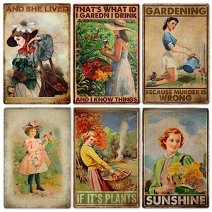 Set of six vintage garden metal signs with floral illustrations and retro typography