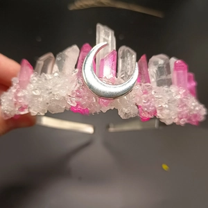 Bohemian crown headband with white and pink raw crystals and silver moon accent