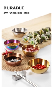 Detail of durable 201 stainless steel sauce dishes in gold, rose gold, silver and rainbow