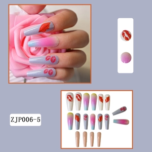 Detailed long coffin press-on nail set with grey-purple lips and gradient pink designs