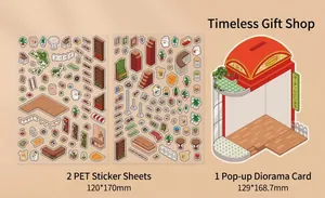 Detailed PET stickers and 3D background card for DIY Time Gift Shop miniature scene