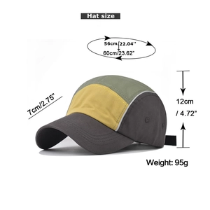 Detailed size chart of a five-panel baseball cap with color-blocking and dimensions