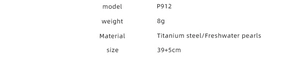 Detailed specifications table for P912 necklace featuring titanium steel and pearl data