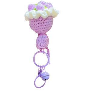 Handmade purple crochet flower bouquet keychain with metal ring and matching bell charm