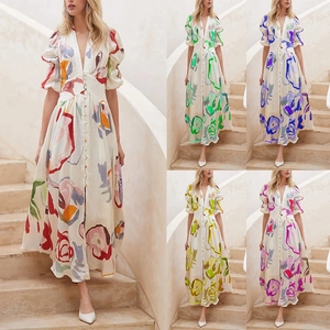 Deep V-neck multi-color abstract floral print maxi dress with puff sleeves and button detail