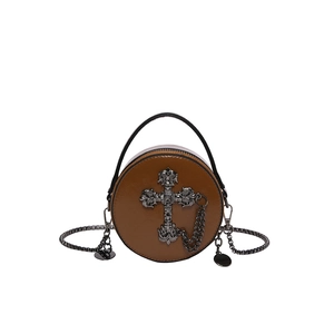 Vintage brown circular crossbody bag with gothic silver cross and metal chain strap