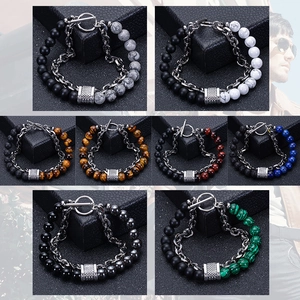 Men's double-layer stainless steel bracelet with natural lava stone and tiger eye beads