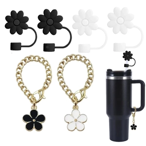 Set of floral silicone straw covers and metal chain charms for tumbler accessories