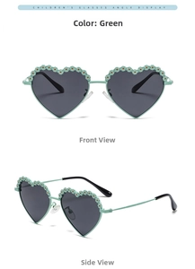 Detail of green heart-shaped kids polarized sunglasses with 3D daisy flower decorations