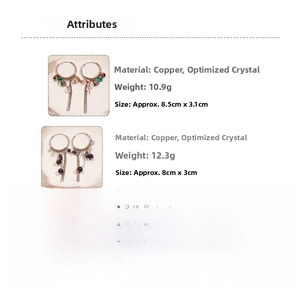 Detail specifications of colorful crystal tassel earrings with dimensions and weight info