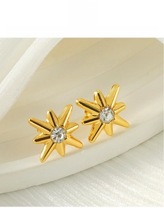 Macro shot of 18K gold plated titanium steel starburst earrings with sparkling zircon