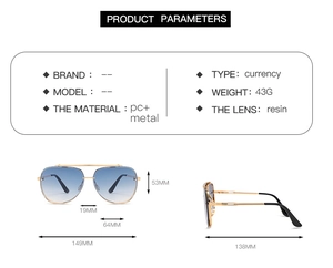 Detailed size specifications for aviator sunglasses with gold metal frame and blue lenses